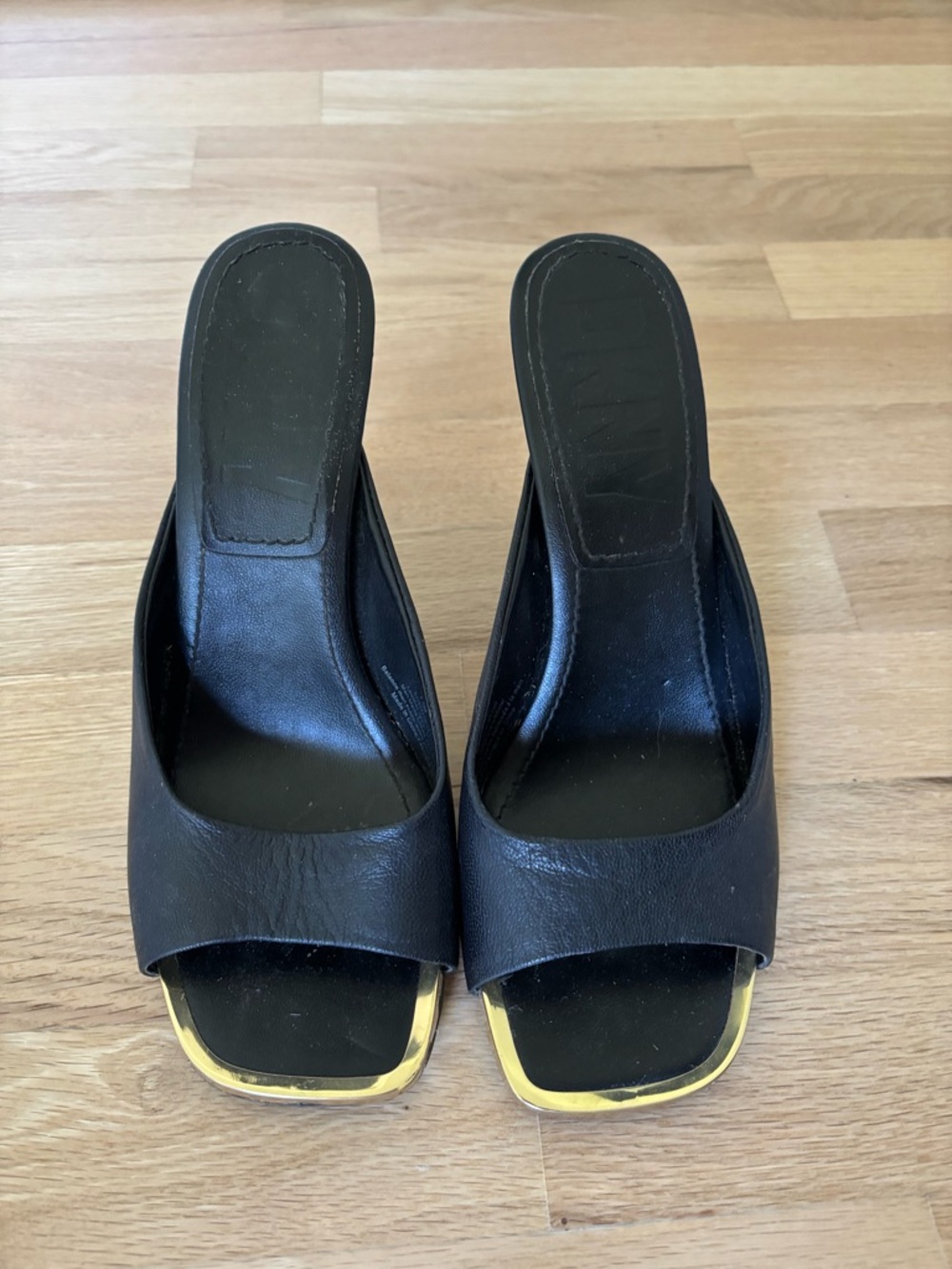 DKNY Black Leather Slide Heels with Gold Accents